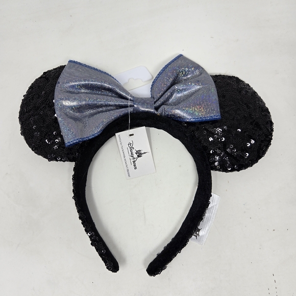 DISNEY PARKS Minnie Mouse Sequin Shimmer Blue Bow Headband Black Ears NWT - Picture 1 of 7